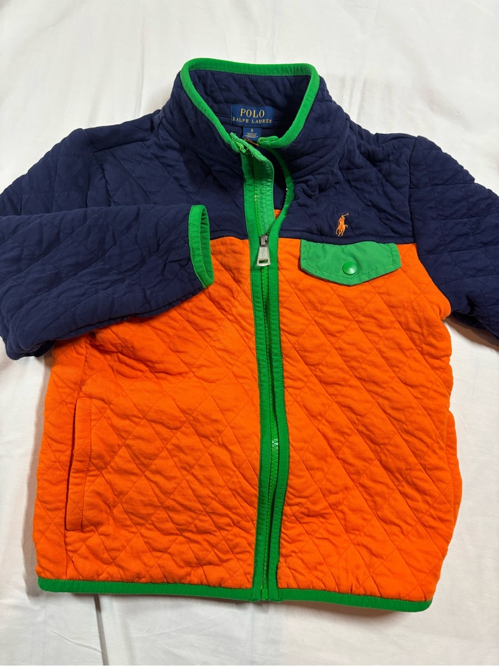 Polo Ralph Lauren Boys Size 6 Quilted Jacket Orange Navy Green Pony Full Zip